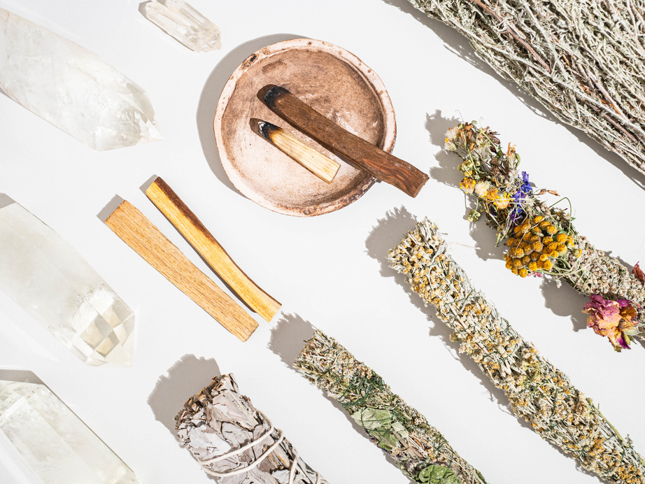 Items for Spiritual Cleansing - Sage and Aromatic Herbs Bundles, Palo Santo Incense Sticks and Quartz Crystals